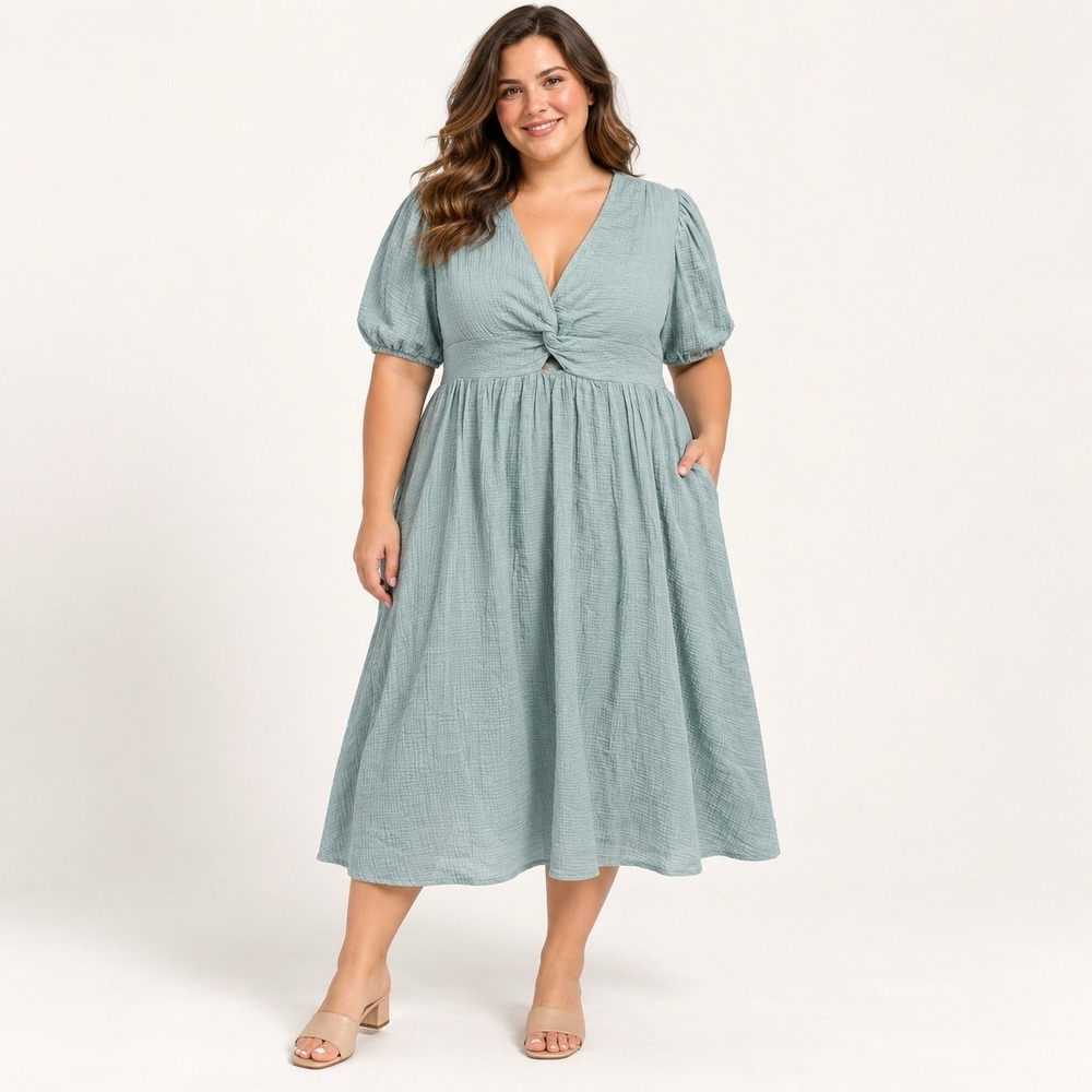 FRYE & CO Womens XXL Aquifer Blue Cotton Gauze Midi Dress Puff Sleeve NWT